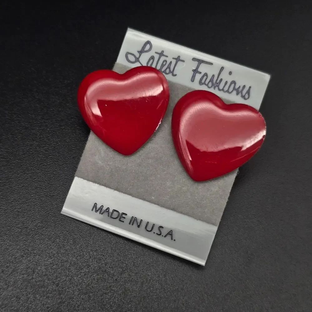 Red Enamel Heart Stud Earrings Valentine's Vintage 1980s NOS On Card